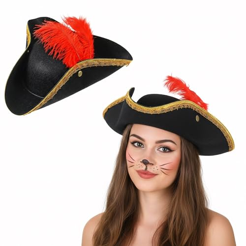 Liitrsh Tricorn Pirate Hat with Feather 15 x 15 x 3.9 Inch Colonial Tricorn Hat Adult Renaissance Festival Costume(Black, Red)