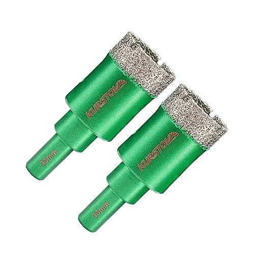 KURSTOL 2pcs 1" / 25mm Dry Diamond Hole Saw Round Shank Drill Bit Kit for Ceramic Granite, Marble, Masonry