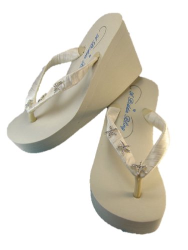 High ivory wedge bridal flip flop sandals with rhinestone starfis…