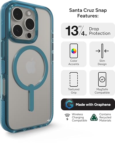 Image of ZAGG Santa Cruz Snap Case for iPhone 16 Pro - MagSafe Compatible, 13ft Military-Grade Drop Protection, Graphene Reinforced, Lightweight, 70% Recycled Content, Clear with Color Accents, Retro Blue