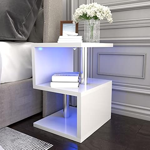 Jehiatek White Bedside Table, High Gloss Bedside Cabinet with LED Light, Small Side Table with Shelf, Storage Table Nightstand for Living Room Bedroom, Modern Fashion Style Cover