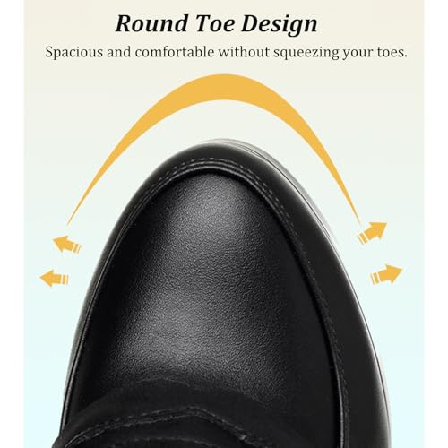 Women's Leather Chunky Heel Loafer Pumps Closed Round Toe Slip On Mid Heel Penny Loafers Office Business Work Dress Shoes2