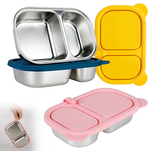 3 Pack Stainless Steel Snack Containers, Bouble Compartment Snack Box with Silicone Lids 2-Compartment Snack Containers for Snacks, Dip, Nuts, Fruit Lunch, Salad Dressing to Go (Style A -3PCS)