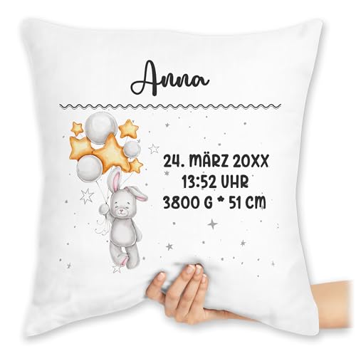 Kissen 40x40 Zierkissen - Zur Geburt - Geburtsgeschenk Hase Datum 2026 Uhrzeit Gewicht Größe - 40 x 40 cm - Weiß - geburtskissen baby personalisierte babygeschenk neugeboren name kissenhülle