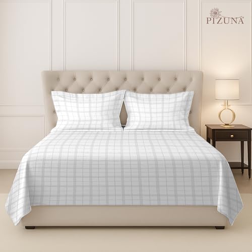 Image of Pizuna 100% Cotton Bedsheet Super King Size with 2 Pillow Covers, 300 Thread Count Long Staple Cotton, Checks Pattern Flat Bed Sheet 108X108 Inch for Superking Bed, White