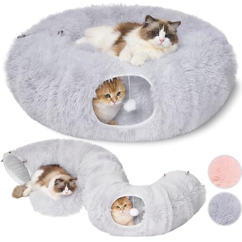 Meowfia Indoor Cat Tunnel with Donut Bed - Large Flexible Play Space for Multiple Pets - Circle or Snake Shape, Cozy Lounge (Grey)