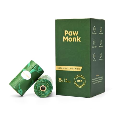 Paw Monk Certified Home Compostable Dog Poop Bags Rolls – Extra Thick, Strong & Leakproof, Easy Open – 120 Count Unscented Plant Based Pet Waste Bags