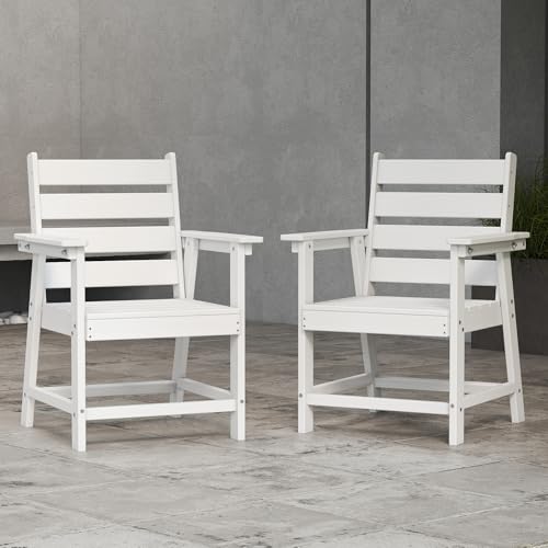Image of HDPE Dining Chair Set of 2, All-Weather Patio Dining Chair with Armrests, Wood Grain Texture, Heavy Duty Outdoor Furniture for Backyard, Garden.White