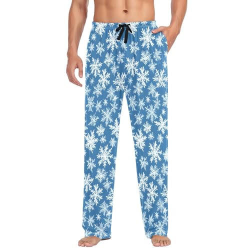 Mens Pajama Pants 100% Cotton, Snowflake Blue Background Men's Flannel Pajama