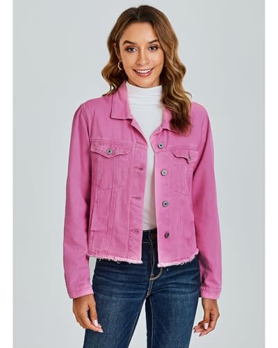 Image of luvamia Denim Jacket for Women Distressed Jean Jackets Button Up Vintage Western Trucker Jacket Frayed Hem Pockets