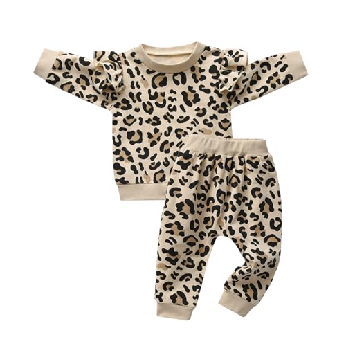 Zoputey Baby Girl Clothes Leopard Print Tops + Pants 2 Pcs Outfit Set, Beige, 12-18 Months