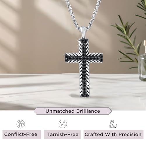Jewelili Sterling Silver or Yellow Gold Plated Sterling Silver Cross Necklace for Men | 1/2 CTTW Treated Black Round Diamonds | 22" Box Chain | Luxury Jewelry Gift for Him | Gift Box Included2
