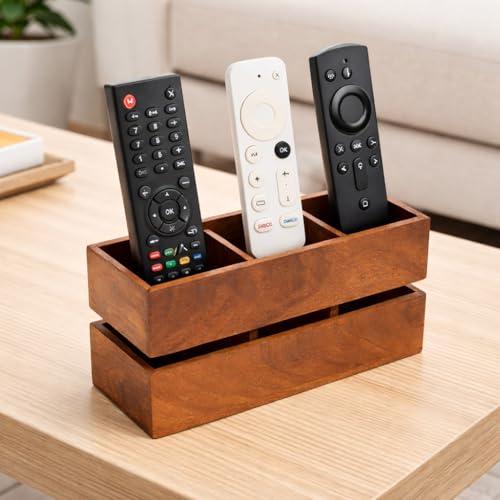 Image of Craft Expertise Wooden Remote Control Holder Stand for Living Room & Bedroom | 3 Compartment Remote Organizer for TV, Sofa & Side Table | Brown Wooden (Medium)