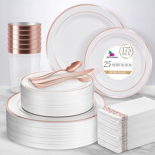 Lista de Cubiertos desechables elegantes para comprar hoy. 43 Berry Bloom Vajilla Elegante Reutilizable Color Golden Rose de 175 piezas, con 50 platos, 25 cucharas, 25 tenedores, 25 cuchillos, 25 vasos y 25 servilletas