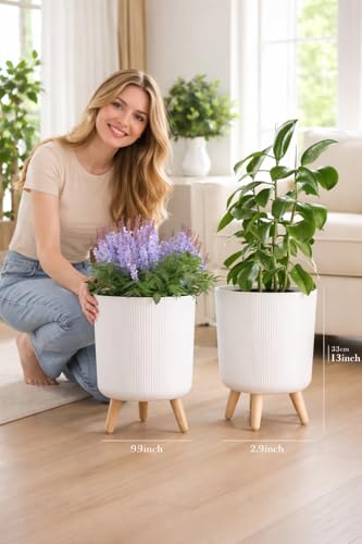 Image of Modern White Flower Pot with Wooden Legs | Ribbed Plastic Planter Stand for Indoor Outdoor Plants | Mid Century Decorative Plant Pot for Home Living Room Balcony Garden (Pack of 2)
