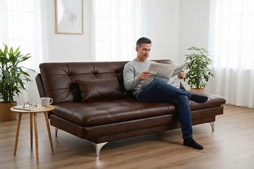 Image of FURNY Eagel 3 Seater Leatherette Sofa Cum Bed with 2 Cushions (Brown) in Premium Finish | Ideal for Living Room, Bedrooms, Offices, Hotels