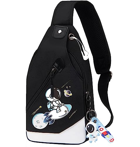Mochila CUSALBOY Fashion de um ombro Mochila de lazer para jovens com porta USB Furo para fone de ouvido, Mochila com padrão luminoso de desenho animado