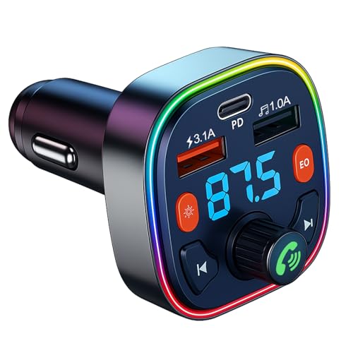 Transmisor FM Bluetooth para Coche, Adaptador Bluetooth Coche Radio QC 3.0+Tipo C 20W PD, Adaptador Coche Musica, Llamadas Manos Libres, MP3 Estéreo Música Coche