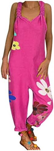 Women Casual Loose Cotton Linen Jumpsuit Rompers Sleeveless Backless Harem Wide Leg Trousers Overalls (Hot Pink, M)