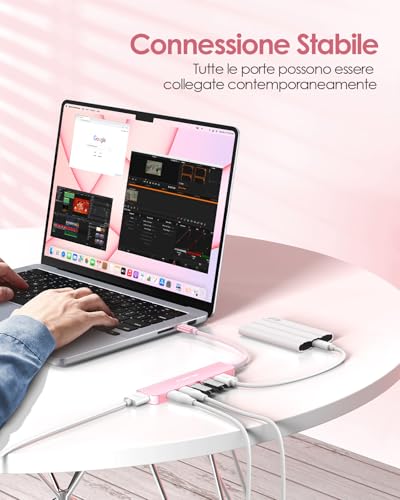 Hub USB C a HDMI 4K@60Hz, PD 100W, Adattatore USB C USB 3.0 (Porte Tipo-A e Tipo-C), per MacBook Pro 2025-2016, Nuovo Mac Air, Surface, iPhone 17 Plus Pro MAX e Altro (Oro Rosa) - Hub USB - Immagine 7