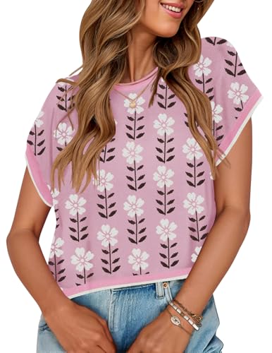 Image of ZESICA Women's Summer Trendy Knit Top 2026 Floral Print Short Sleeve Crewneck Loose Fit Sweater Vest Going Out Clothes