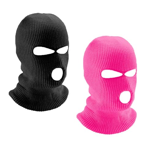 LINSOCLE 2 Piezas Pasamontañas de 3 Agujeros, Balaclava Negro y Rosa Roja, Punto de Invierno Cubierta Facial cálida,Máscara Multifunción, Gorro de Esquí para Ciclismo Deportes al Aire Libre