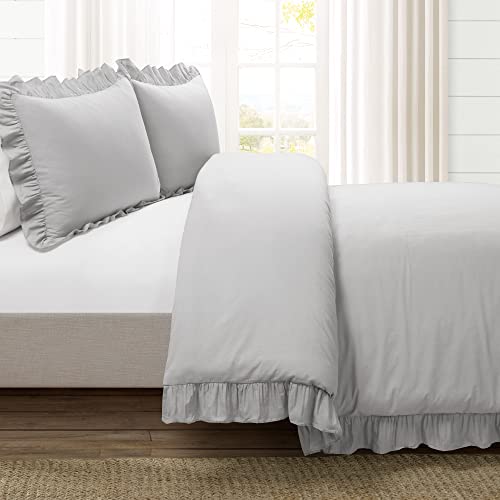 Image of Lush Decor Reyna Ruffle Cotton Duvet Cover Set 3 Piece Set Full / Queen, Light Gray - Queen Size Bedding Set - Gray Duvet Queen- Ruffled Bedding - Coquette Decor