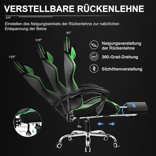 Sedia da ufficio, da gaming, da gaming, ergonomica, con poggiapiedi, poggiatesta, cuscino lombare, imbottito, sedia girevole verde - Sedia gaming - Immagine 5