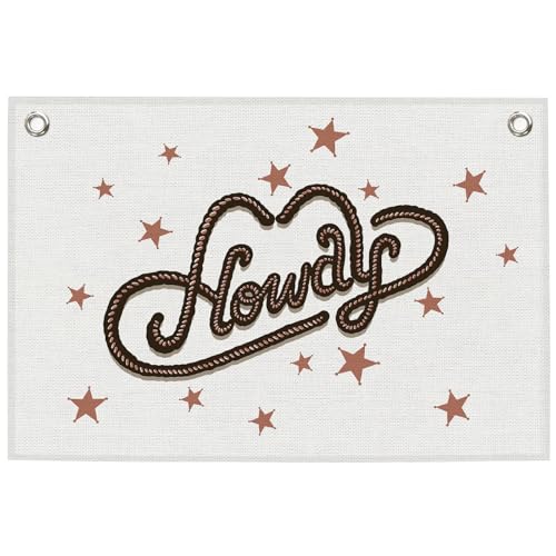 MNASAIOO Howdy Cowboy Cowgirl Banner, Western Kids Room Decor, Funny Hat Retro Canvas Flag Wall Hanging Decor Art for Playroom Toddler Room Preschool 20x30in