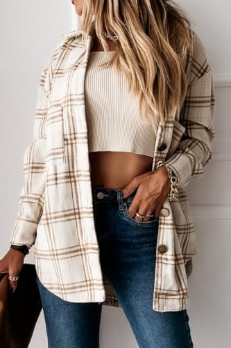 Image of YOCUR Womens Button Down Plaid Casual Lapel Long Sleeve Flannel Overshirts