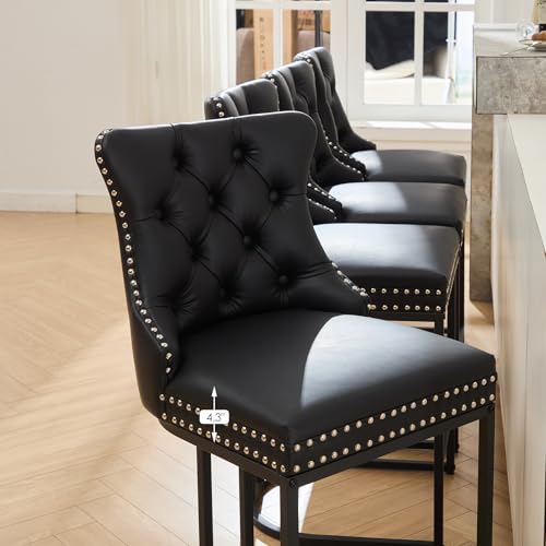Image of UVV Counter Height Bar Stools Set of 3, 26 inch Modern Barstools with Back, Faux Leather Upholstery Counter Chairs with Metal Legs for Kitchen Island, Bar, Counter, Black