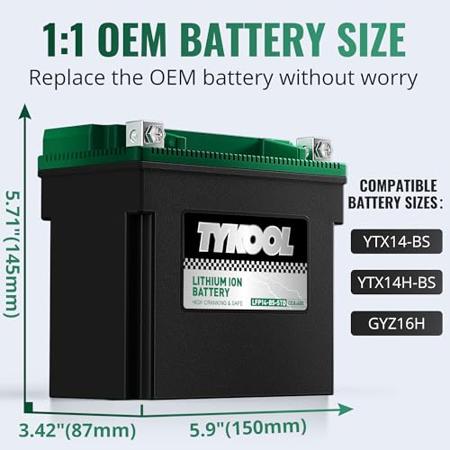 Image of TYKOOL LFP14-BS-STD Lithium Battery, Replaces YTX14-BS, 400CCA 8Ah Fits for ATV UTV Motorcycle Scooter, Compatible with Honda Rancher 420 Foreman 500 Kawasaki Brute Force 750, Digital Readout [+ -]