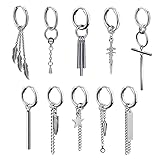 Men’s Dangle Earrings, Set of 10 Stainless Steel Unique Hinged Huggie Long Kpop Tiktok Hoop Earrings, Unisex Cool Punk Style with Chain Bar Cross Feather Sword Spike Star
