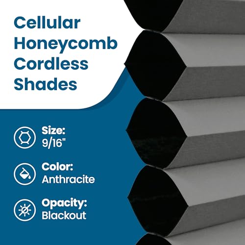 BlindsAvenue Cellular Honeycomb Cordless Shade, 9/16" Single Cell, Blackout, Anthracite, Size: 54" W x 72" H