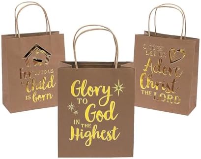 Fun Express Religious Gold Metallic Kraft Paper Gift Bags for Christmas (set of 12) Party Supplies image 4
