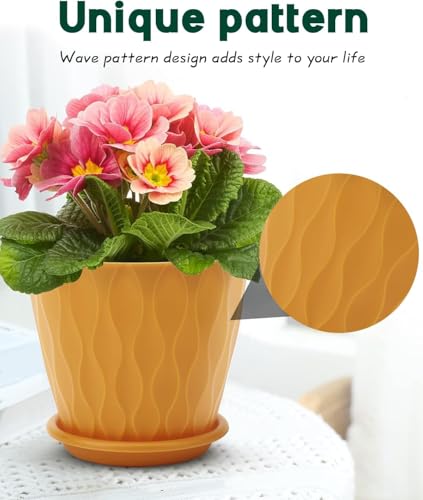 KAHEIGN 5 Pièces Pots de Fleurs en Plastique, 15CM Jardinière Anti-Racines Épais Pot de Jardin à Motif Ondulé avec Drainage Trou et Soucoupe pour Plantes Fleurs Herbes Succulentes Cactus (5 Couleurs) – Image 5