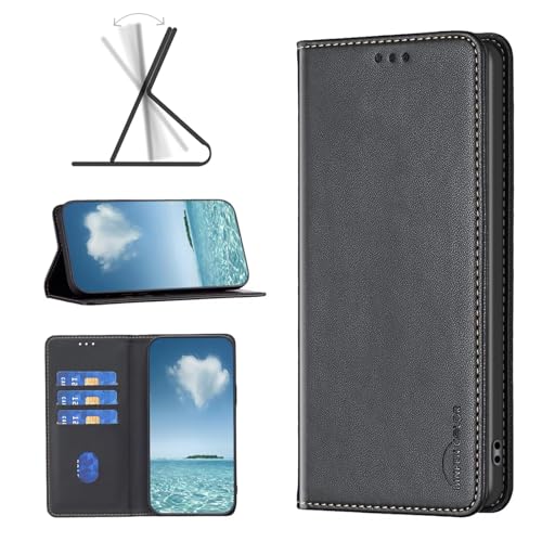 Coque Realme 15 en cuir noir avec fentes pour cartes et fermeture magnétique