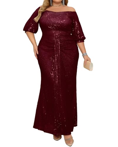 Image of Madam Uniq Women Plus Size Short Sleeve Sequin 1920s Dress Off Shoulder Maxi Formal Cocktail Wedding Party Evening Gown
