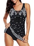 Plus Size Bathing Suits for Women Swimsuits Tummy Control Athletic One Piece Swimdress Flowy Skirt Mesh Dress Black-Floral 14-16