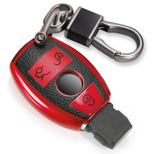 Image of Key Fob Cover for Mercedes Benz, Leather-Style Tab Cover, Red