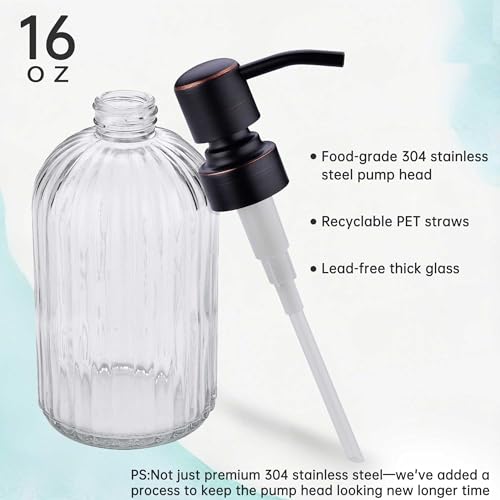 Image of Avola 16Oz Vertical Stripes Glass Soap Dispensers with Brushed Gold Rust Proof Pump, Refillable Bathroom Soap Dispenser for Hand soap, Lotion, Body Wash,Kitchen Soap Dispenser for Dish Soap