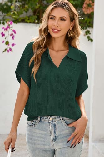 Cakulo Spring Summer Crochet Tops for Women 2025 Crop Knit Short Sleeve Polo V Neck Collared Hollow Out Sweater Top3