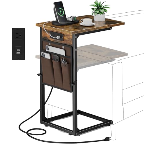 Vagusicc C Shaped End Table with Charging Station, Adjustable Height Side Table for Couch, Small Sofa Table with Storage Bag, Slide Under Sofa TV Tray Snack Arm Tables for Living Room, Bedroom, Brown