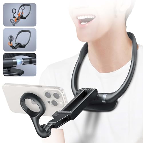 Magnetic Neck Phone Holder, Neck Mount for Phone, Hand Free Around Chest Stand POV/Vlog Video Recording & Filming, Neck Tripod and Selfie Holder for iPhone 15 14 13 12 Pro Max Plus Mini, Grey (Orange)