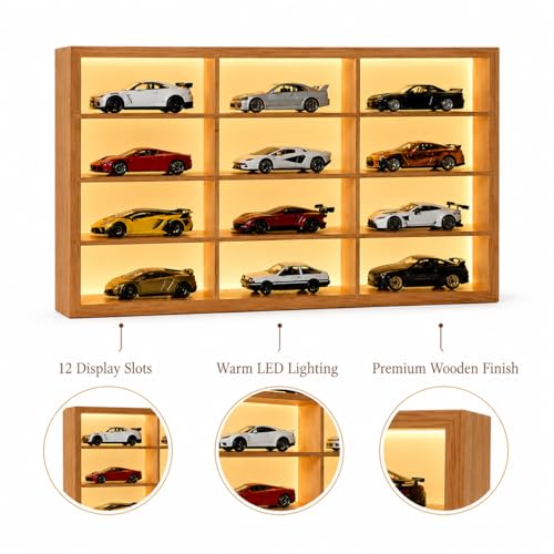 Image of FANCY THINGS Wooden Diecast Car Display Case with LED Lights - 12 Slot 1:64 Scale Model Car Organizer, Mini Vehicle Showcase Shelf for Collectors & Car Lovers, Diecast Cars Included WC