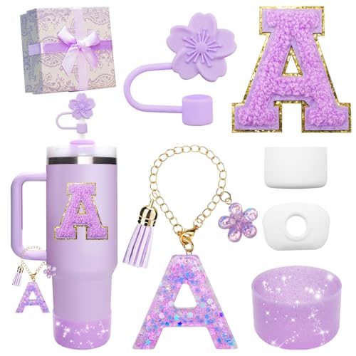Miglaja Purple Accessories for Stanley Cup 30OZ 40OZ All Accessories Gift Box Contain Flower Straw Topper Sillicone Boot Letter Stickers and Pendants Spill Stopper Set (Purple A)