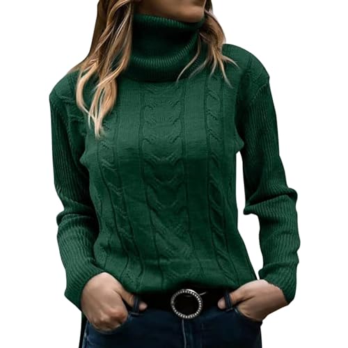 Jersey de cuello alto para mujer de manga larga trenzado, verde, XL