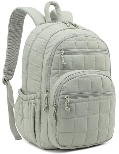 Image of Bookbag for Women, Teen Girls Backpack for High School College Student, Puffer Quilted Back Pack Cute Laptop Backpack for Work Travel Mom Casual Daypack, Green
