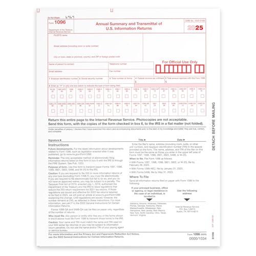 NextDayLabels - 1096 Transmittal "New for 2025" Tax Forms, for Laser or Inkjet Printers, Quickbooks and Other Accounting Software Compatible (Pack of 25)