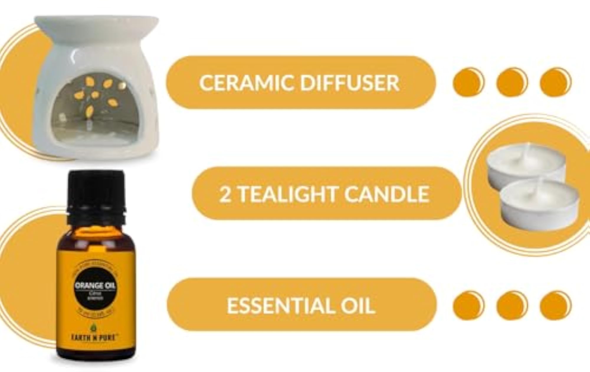 Ceramic Diffuser Burner with Orange Essential Oil & Tea Light Candles